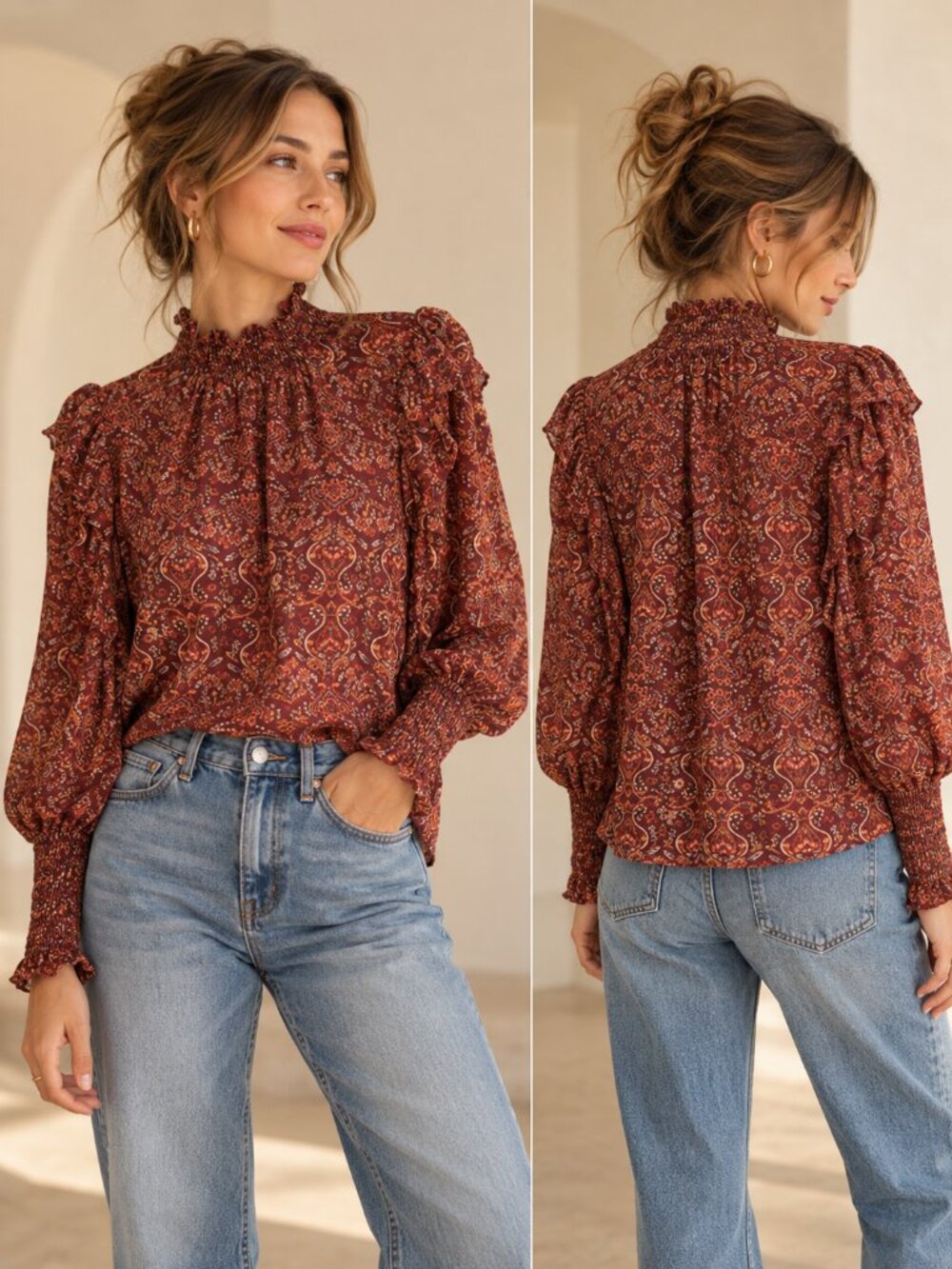 MAX STUDIO Rust Orange Paisley Ruffle Blouse Mock Neck Puff Sleeve Boho Chic XS